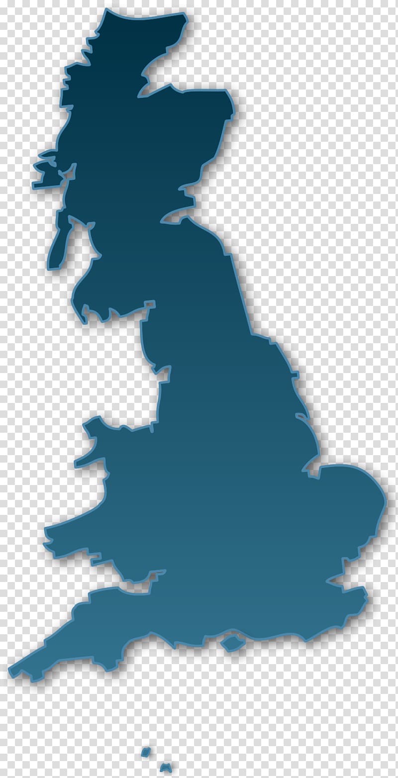 Blue gradient silhouette map of the United Kingdom with transparent background and subtle shadow effect.