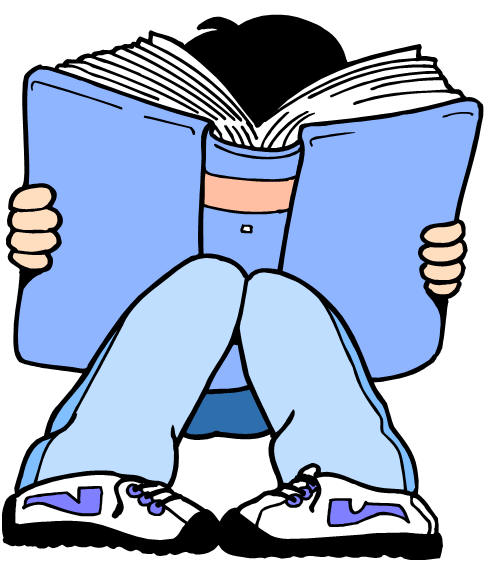 Child sitting cross-legged, deeply engrossed in reading a large blue book.