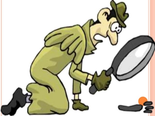 Cartoon detective in green trench coat and hat, kneeling with magnifying glass inspecting clues on the floor.