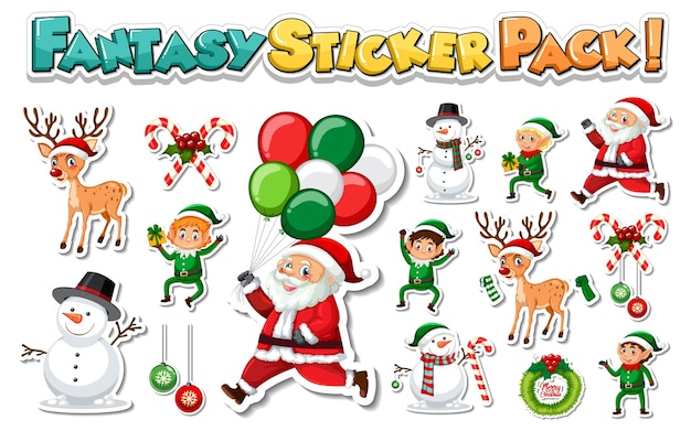 Fantasy sticker pack featuring Santa, elves, reindeer, snowmen, candy canes, and festive balloons on white background.