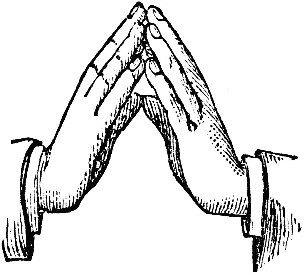 Two hands pressed together in a prayer or greeting gesture, illustrated in black-and-white line art with detailed shading.