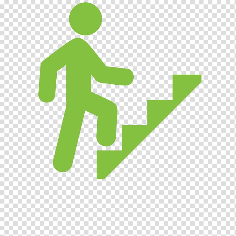 Green stick figure ascending a staircase, symbolizing progress or growth.