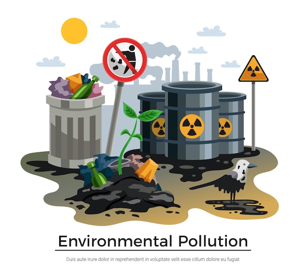 Illustration of environmental pollution showing toxic waste barrels, landfill, dead bird, and radiation symbols under a polluted sky.