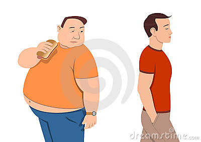 Overweight man eating hot dog contrasts with fit man walking away, illustrating health and lifestyle choices.