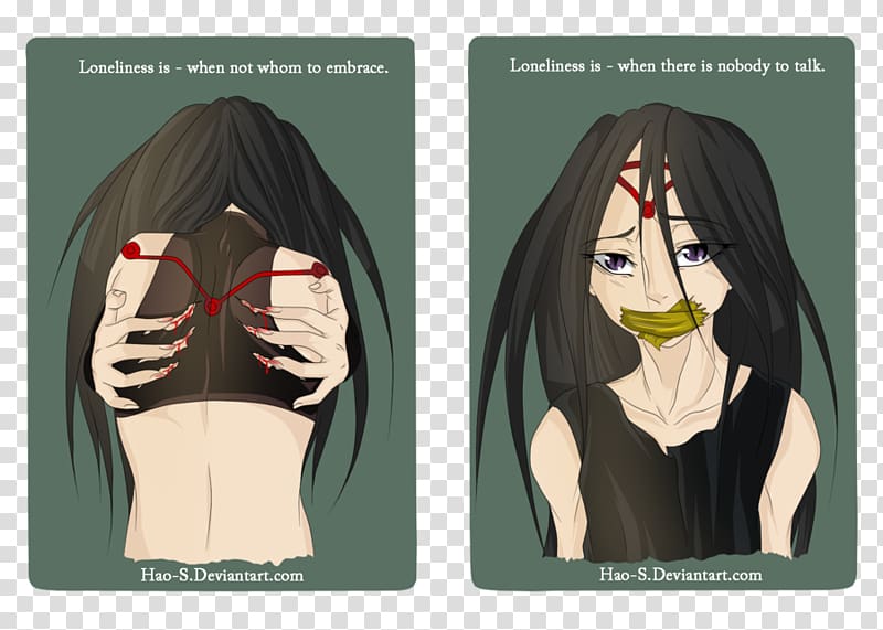 Two illustrated panels depicting emotional loneliness: one showing self-embrace with red lines, the other a gagged figure with sorrowful eyes.