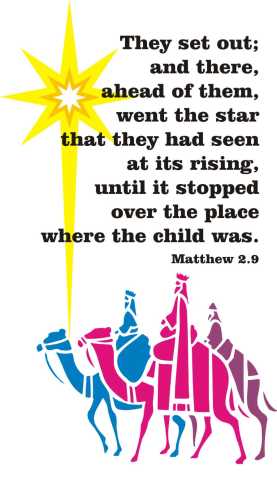Three wise men on camels following the Star of Bethlehem, with Matthew 2:9 scripture quote.