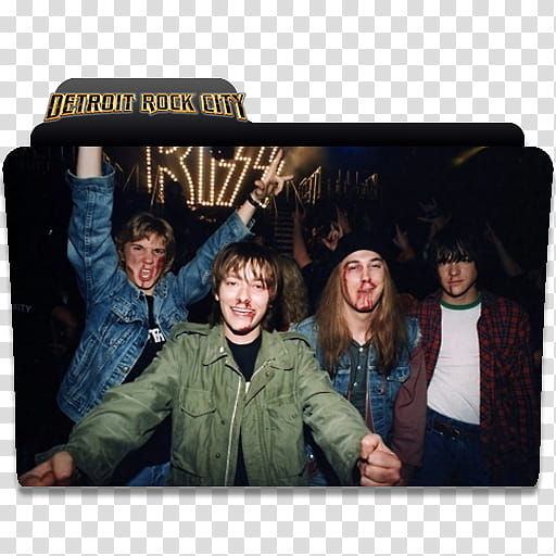 Four young men with blood-smeared faces pose energetically at a Detroit rock concert, neon "ROCK" sign glowing behind them.