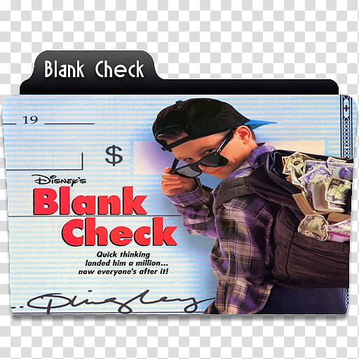 Disney's "Blank Check" movie poster featuring a boy in sunglasses with a backpack full of cash, styled as a oversized check.