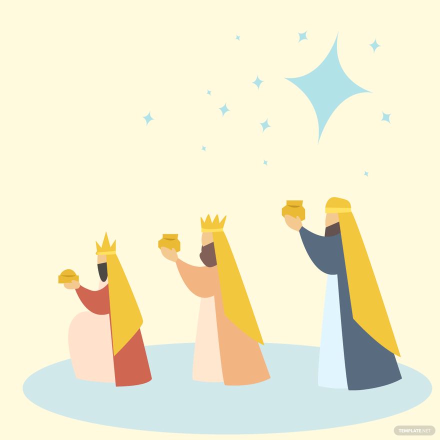 Three wise men in crowns and robes offering gifts under a shining star.
