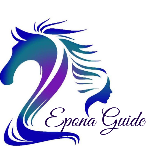 Stylized blue-to-purple gradient horse head merging into a woman’s profile, with "Epona Guide" text below.