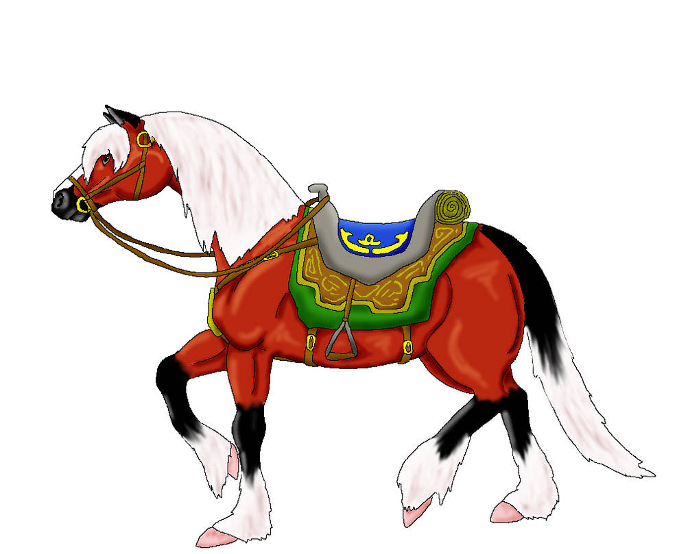 A stylized red horse with white mane and black markings, wearing ornate green and gold tack with a blue saddle blanket featuring an anchor emblem.