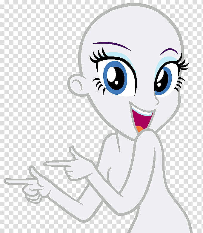 A cheerful bald anime-style girl with large blue eyes pointing excitedly to the side.