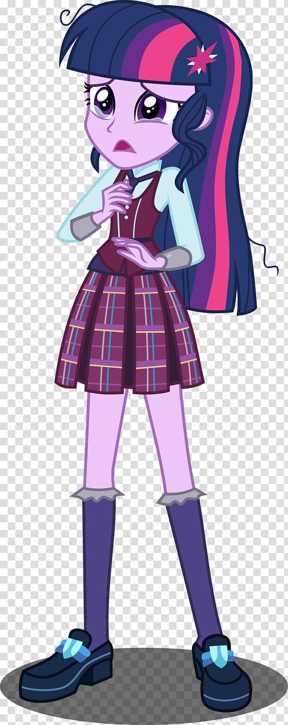 Twilight Sparkle in human form, wearing a plaid skirt, vest, and boots, with a worried expression and star-shaped hair accessory.