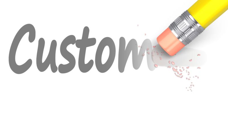 A yellow pencil with a pink eraser actively erasing the letter "m" in the word "Custom", symbolizing customization or editing.