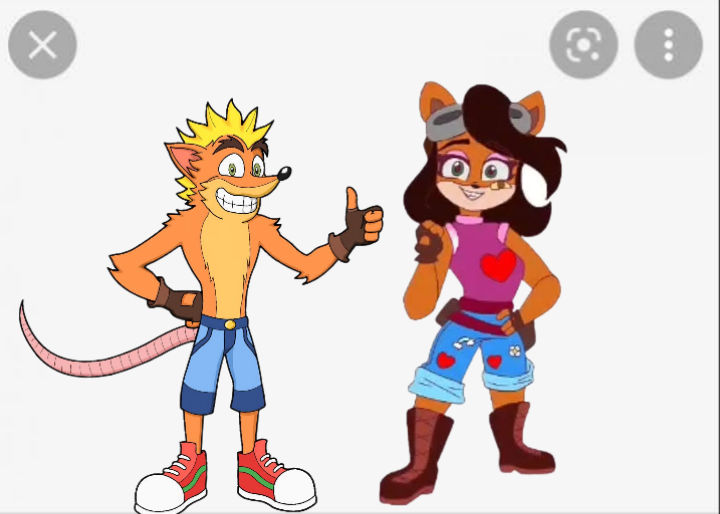 Crash Bandicoot and a female anthropomorphic fox character posing confidently, both smiling with thumbs up.