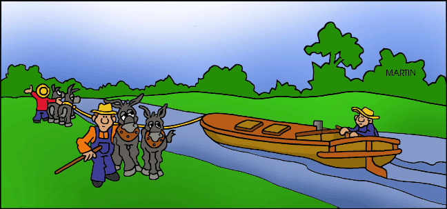 A cartoon scene showing two men with donkeys pulling a wooden boat along a riverbank, with green hills and trees in the background.