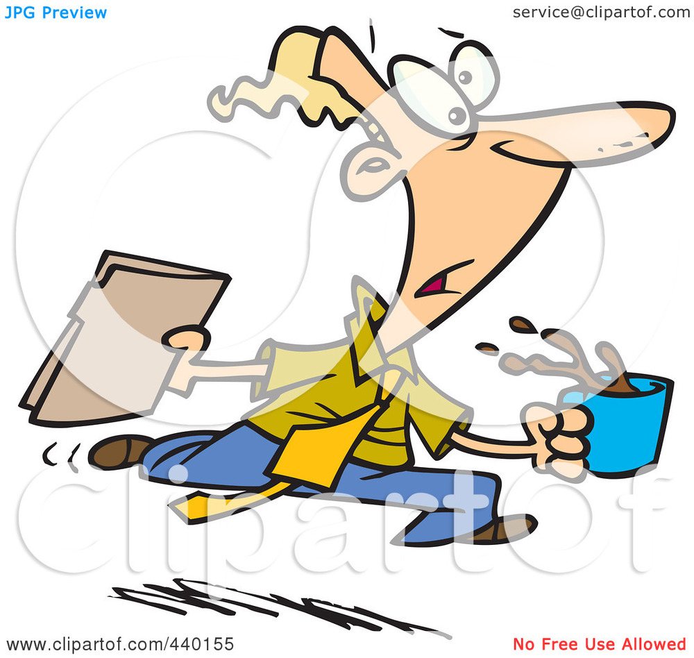 Cartoon man slipping while holding coffee and papers, spilling drink in panic.