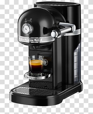 Black KitchenAid Nespresso coffee machine brewing espresso into a clear glass cup.