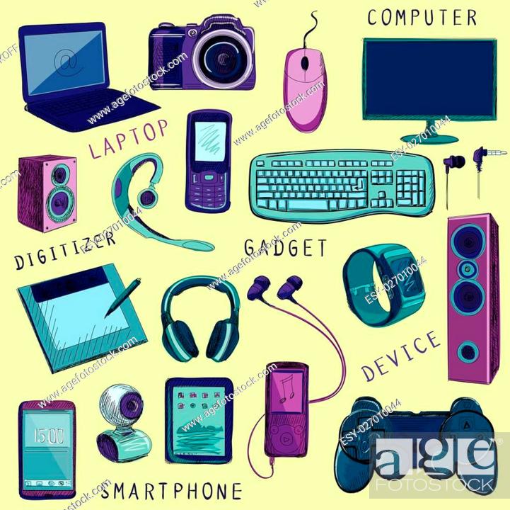 Hand-drawn illustration of various electronic devices including laptop, smartphone, camera, headphones, keyboard, and gaming controller.