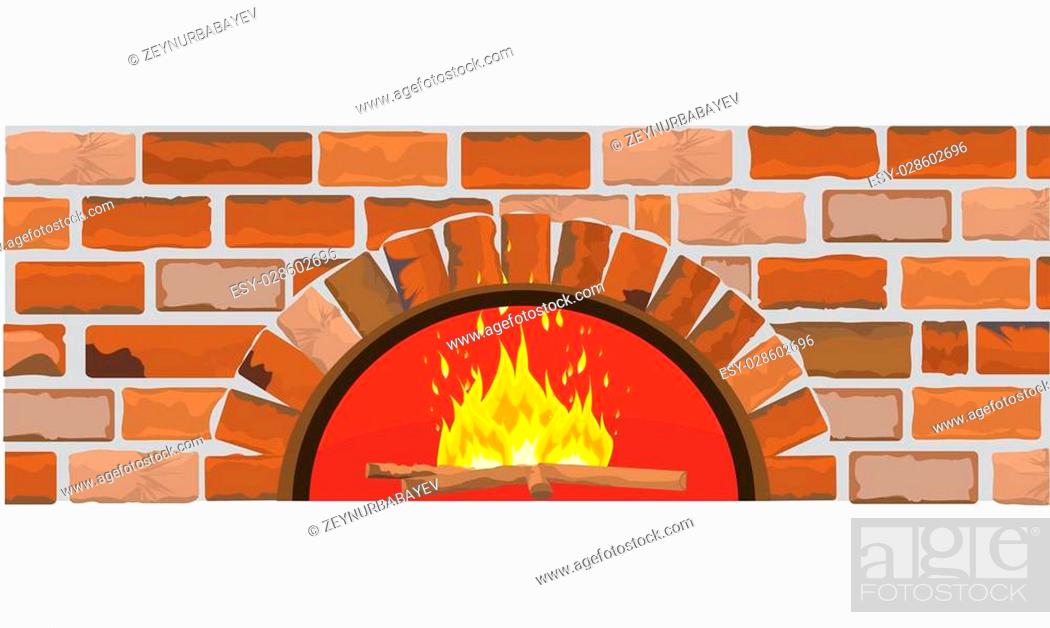 A cartoon-style brick fireplace with a roaring fire and wooden logs inside an arched opening.