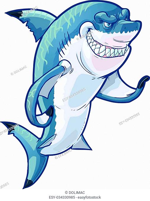 Cartoon blue shark with wide grin, sharp teeth, and expressive eyes, posed dynamically against white background.