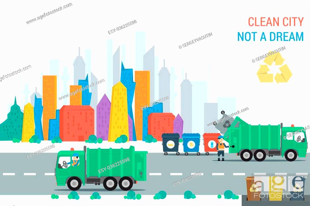 Green garbage trucks collecting sorted waste in a colorful city with recycling symbol and "Clean City Not a Dream" slogan.