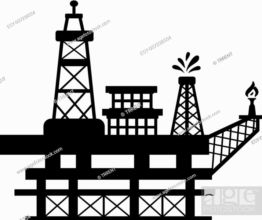 Silhouette of an offshore oil rig with derrick, flare stack, and gas flare against white background.