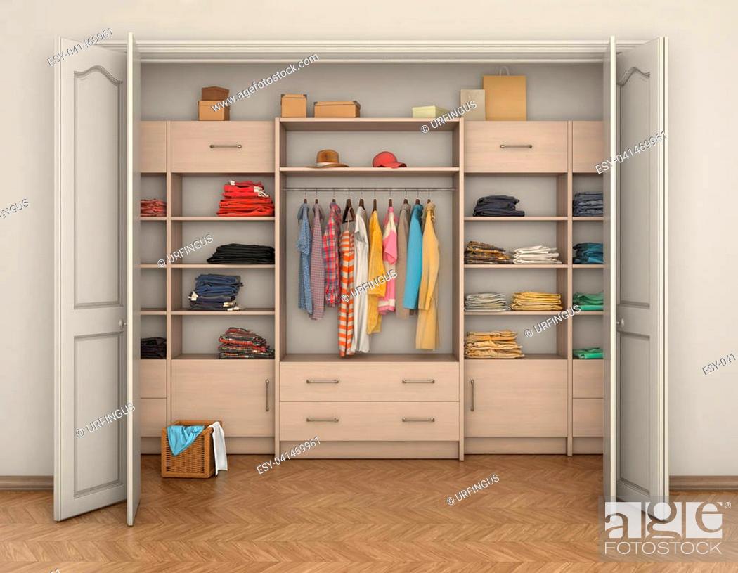 Open wooden wardrobe with neatly organized clothes, shelves, drawers, and accessories in a bright room.
