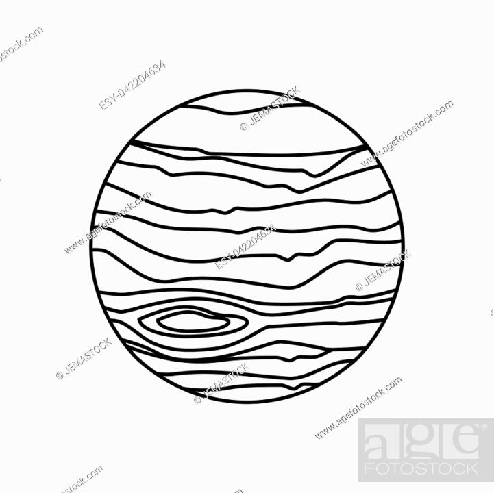 Line-art illustration of Jupiter with prominent cloud bands and Great Red Spot, in black and white outline style.