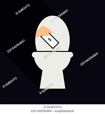 Hand dropping a smartphone into a toilet bowl, symbolizing digital detox or data loss.