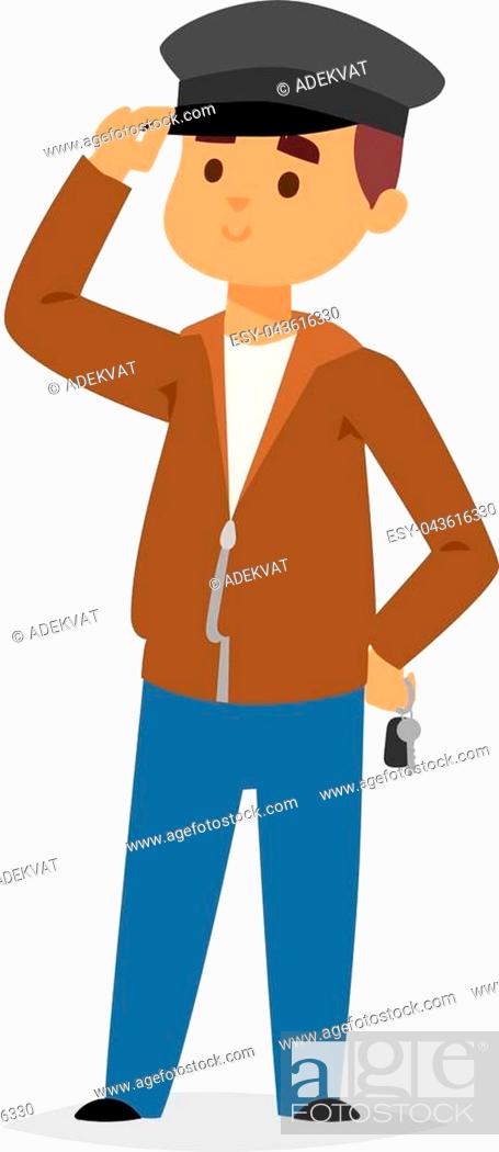 Cartoon security guard saluting, wearing cap, brown jacket, blue pants, holding keys.