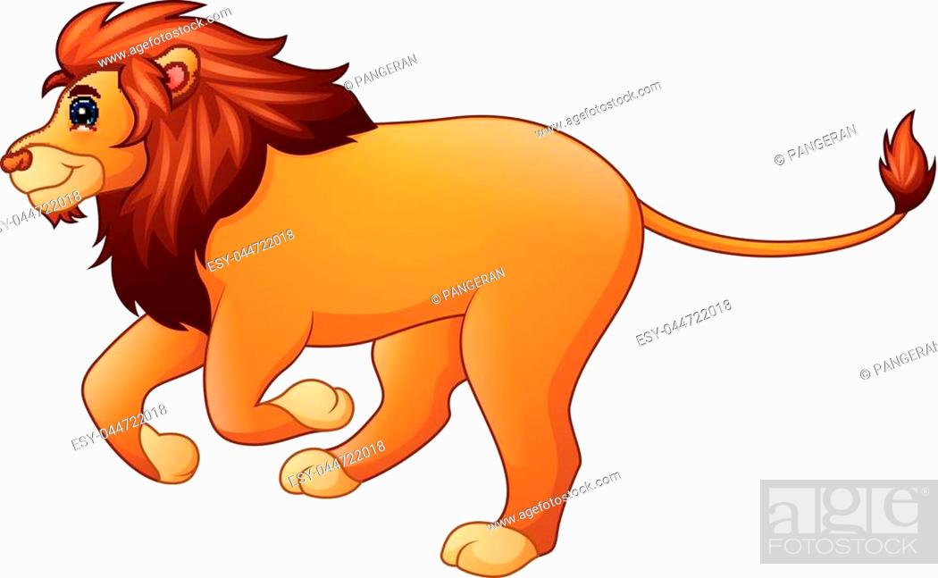 Cartoon lion with vibrant orange fur and flowing mane, walking confidently on white background.