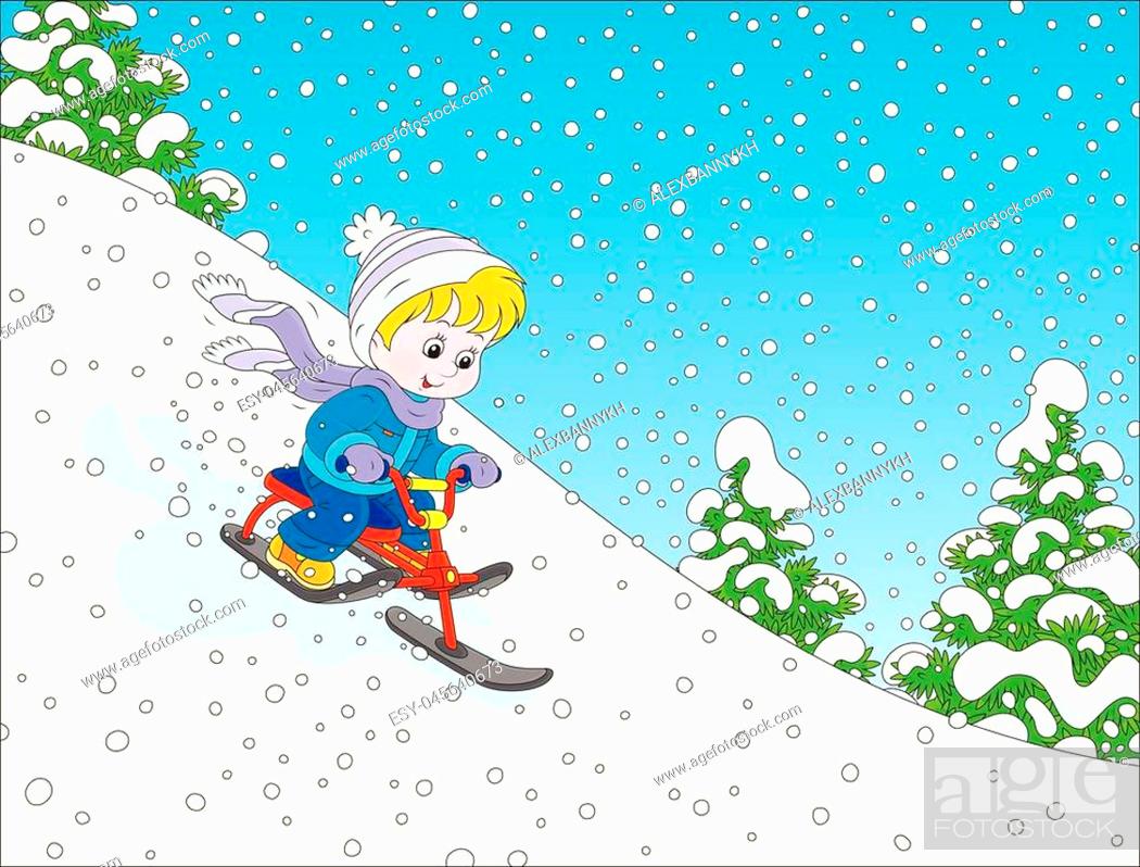 A cheerful blond child in winter clothes rides a red snow scooter down a snowy hill amid falling snow and evergreen trees.