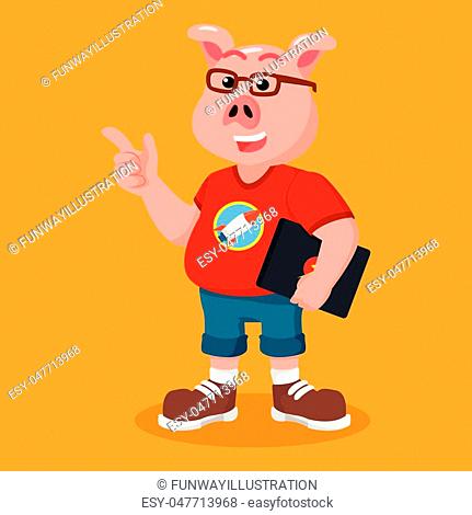 Friendly cartoon pig wearing glasses, red shirt, holding a tablet and pointing upward against orange background.