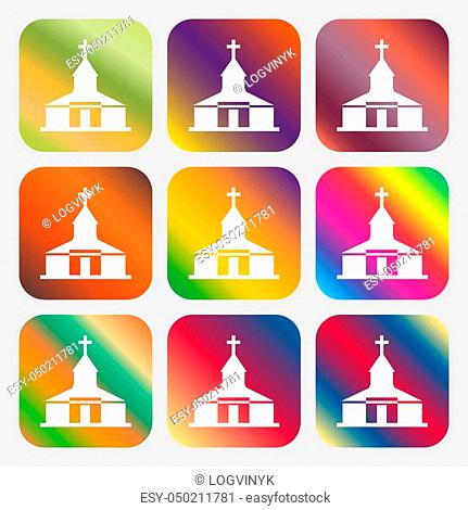 Nine colorful gradient icons of a white church with steeple and cross, arranged in a 3x3 grid.