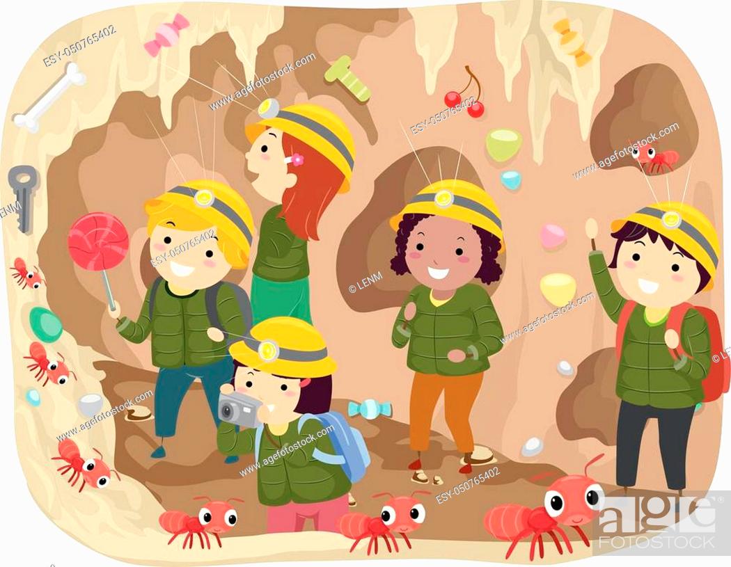Children in helmets exploring a colorful cave with candy, ants, and treasures.