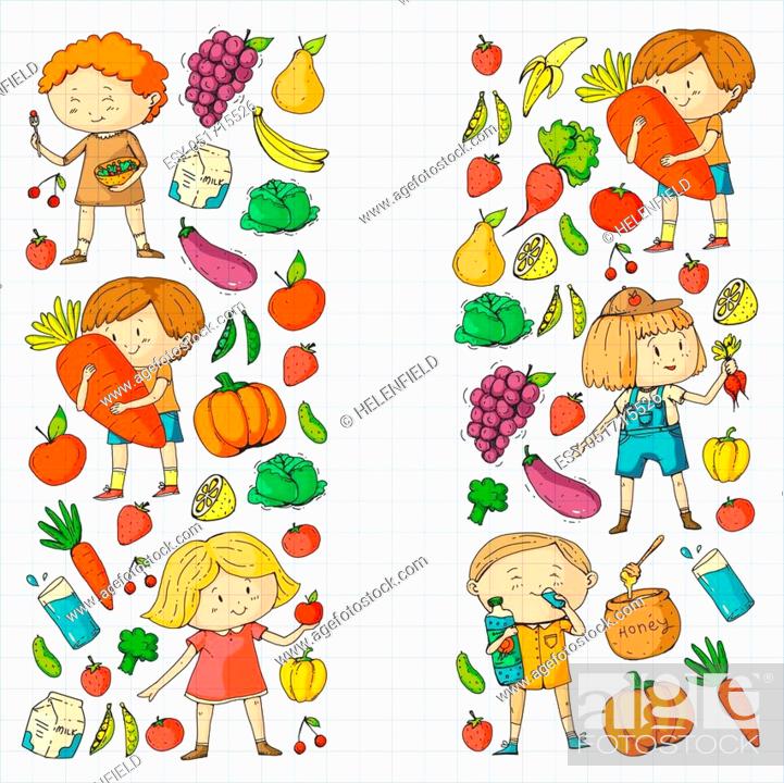Cartoon children holding and surrounded by colorful fruits, vegetables, milk, and honey on grid paper.