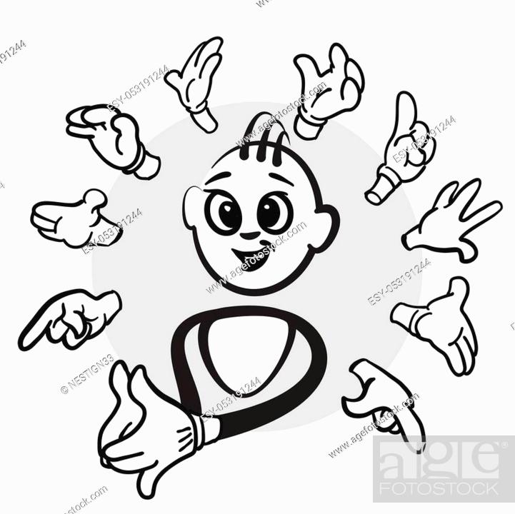 Cartoon child surrounded by expressive hand gestures in a circular arrangement, black-and-white line art style.