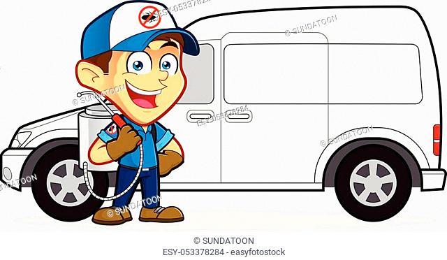 Smiling cartoon pest control technician with sprayer and van, wearing cap with no-pest symbol.