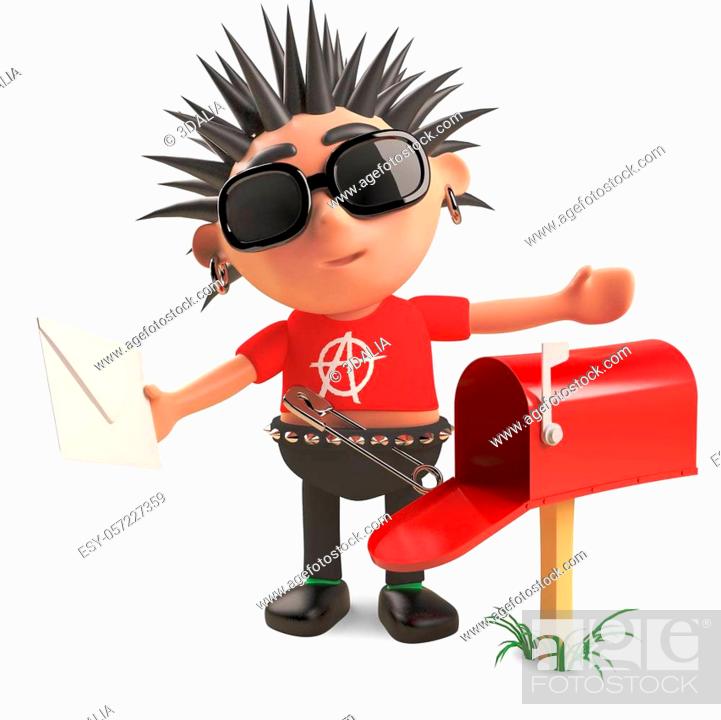 Punk-style 3D character with spiky hair, sunglasses, and anarchy shirt holding mail next to a red mailbox.