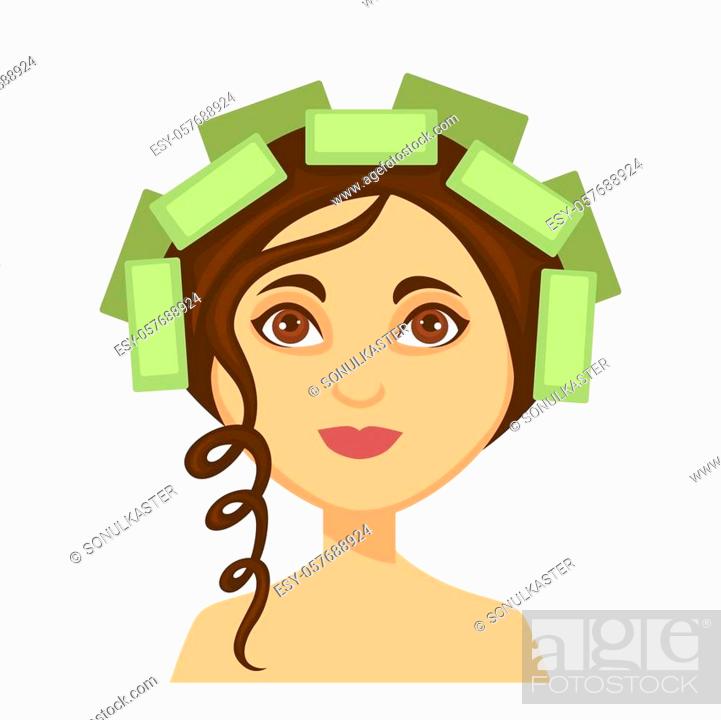 Woman with brown hair in green perm rods, one curl hanging loose, smiling gently.