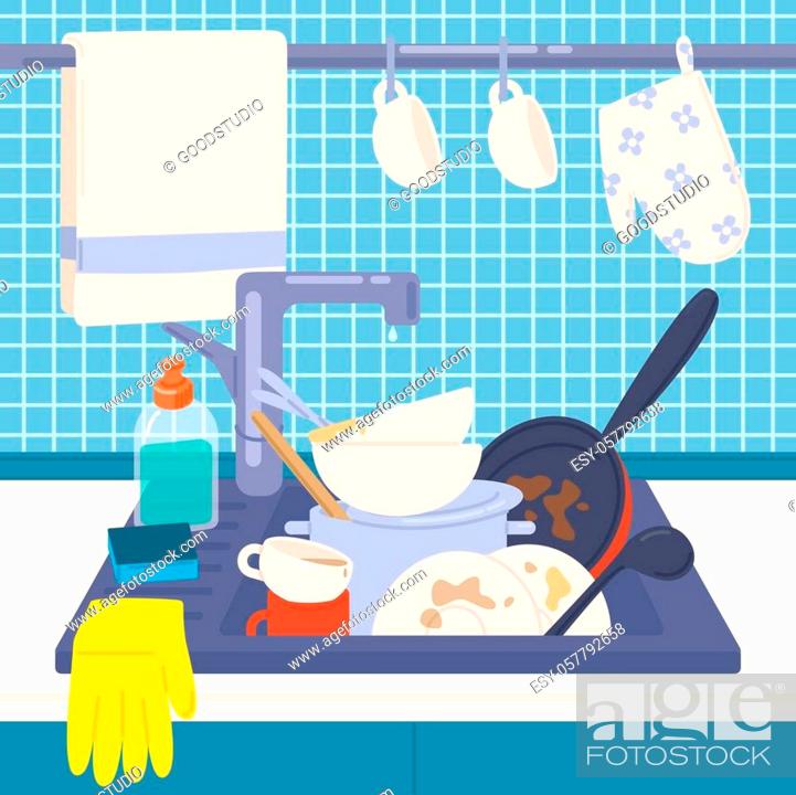 A cluttered kitchen sink filled with dirty dishes, pots, cups, and utensils, with hanging mugs and gloves nearby.