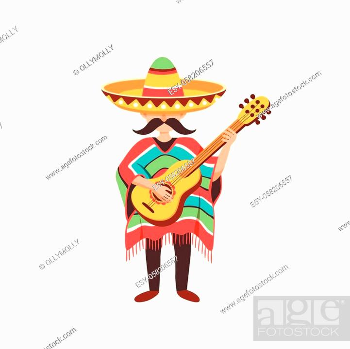 Mexican mariachi musician in sombrero and poncho playing guitar.