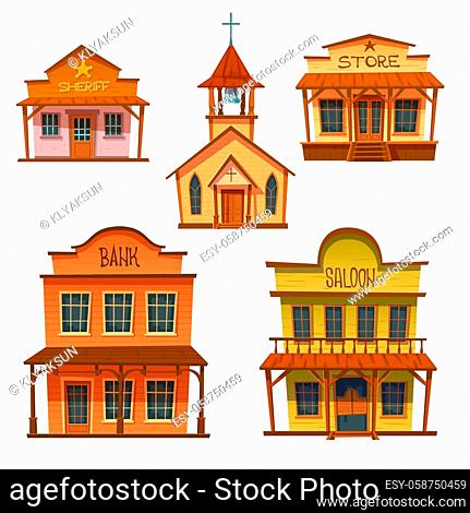 Six cartoon-style Wild West buildings: sheriff office, church, store, bank, saloon, and another storefront.