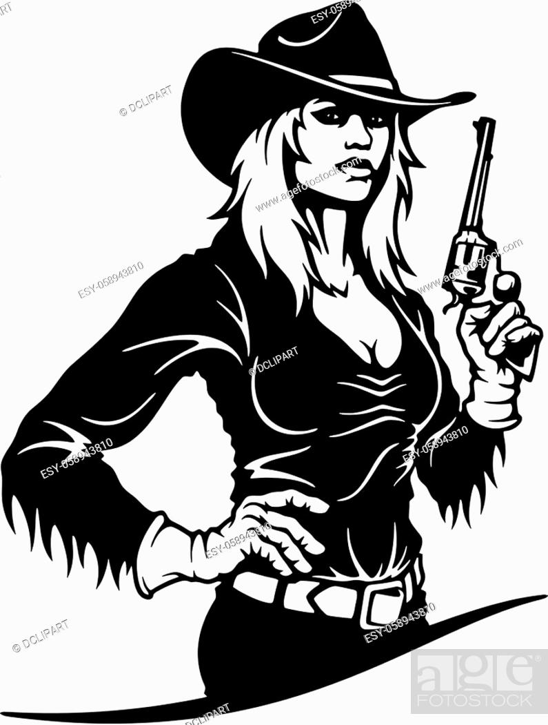 Black-and-white vector illustration of a confident female cowboy in hat and fur-trimmed jacket, holding a revolver.