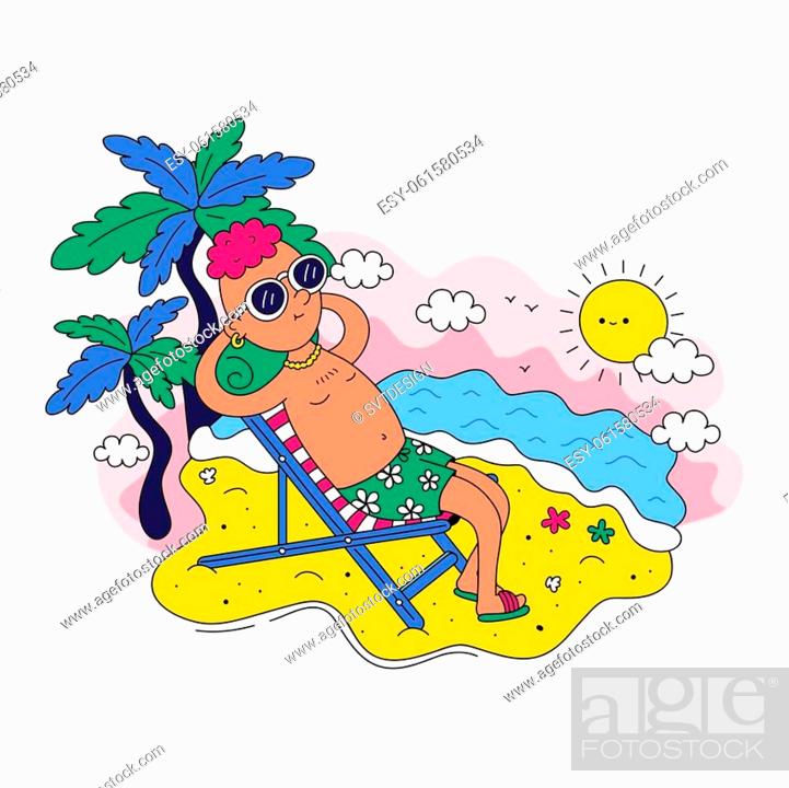A cartoon man relaxing on a beach chair under palm trees, wearing sunglasses and floral swim trunks, with sun and ocean in background.