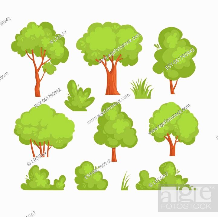Collection of cartoon-style green trees and shrubs with orange trunks on white background.
