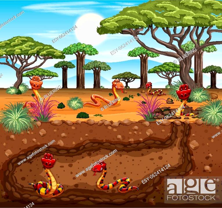 Cartoon illustration of colorful snakes above and below ground in a savanna landscape with acacia trees and bright sun.