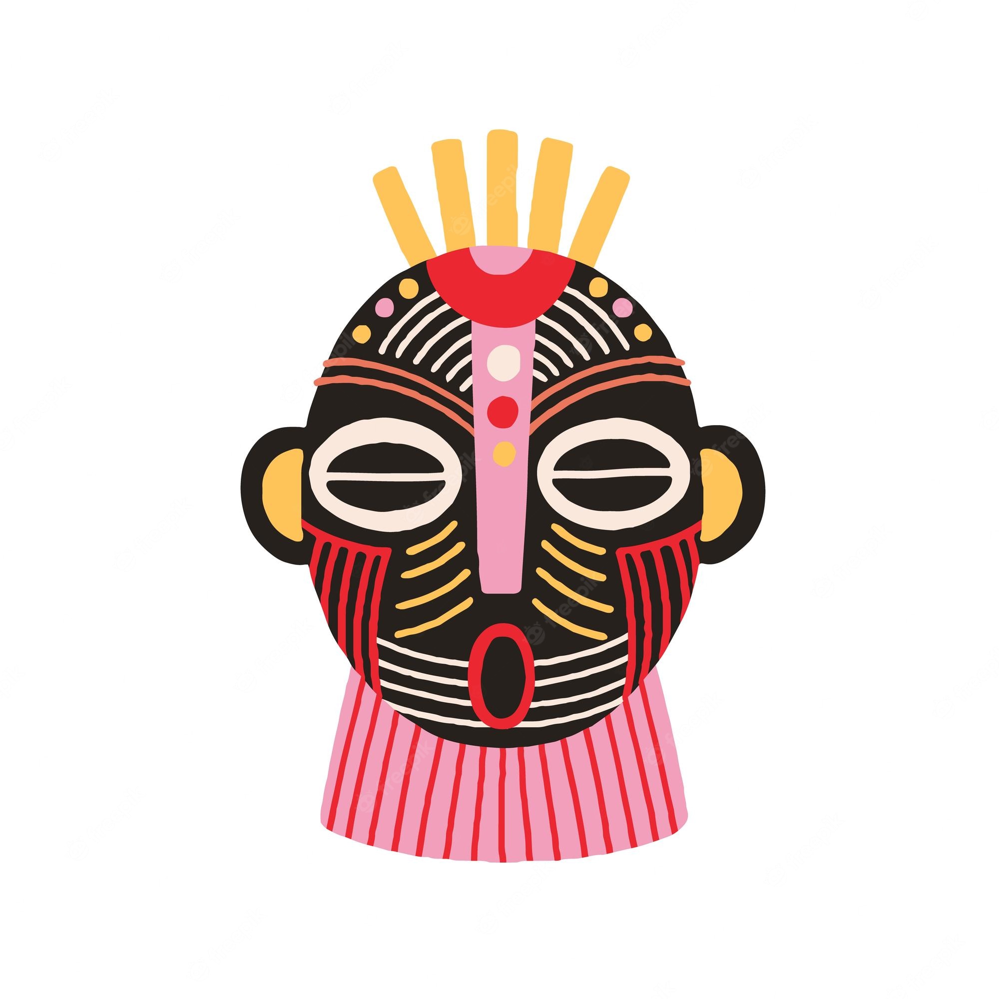 Stylized African-inspired tribal mask with bold geometric patterns, vibrant pink, red, yellow, and black colors, and a sunburst crown.