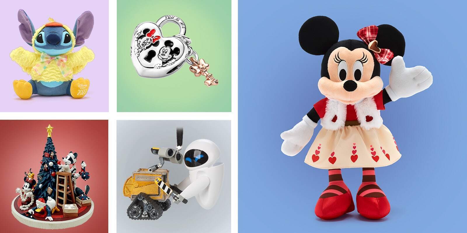 Collection of Disney plush toys, jewelry, and collectibles including Stitch, Minnie Mouse, WALL-E, and holiday figurines.